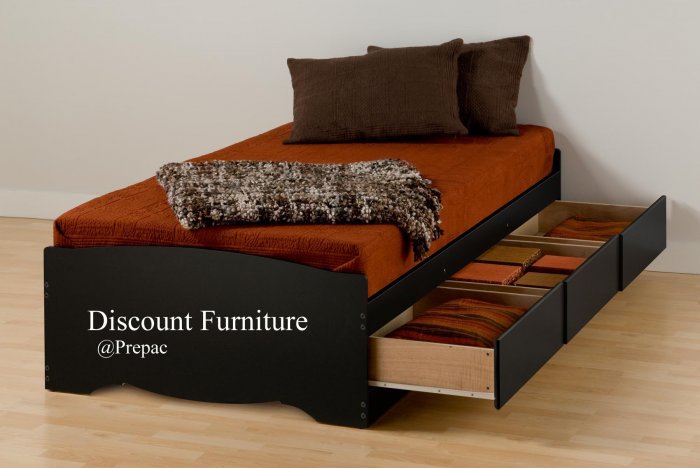 LONG TWIN PLATFORM BED WITH 3 DRAWER STORAGE IN BLACK COLOR BY PREPAC