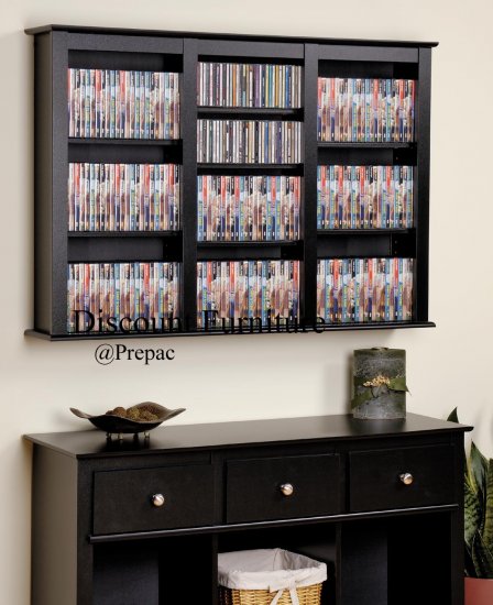 TRIPLE CD, DVD, VHS BLACK MEDIA FLOATING/HANGING WALL STORAGE