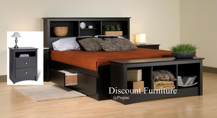 BLACK QUEEN MATES BEDROOM SET- HDBOARD, BED, 2 NIGHTST, BENCH BY PREPAC