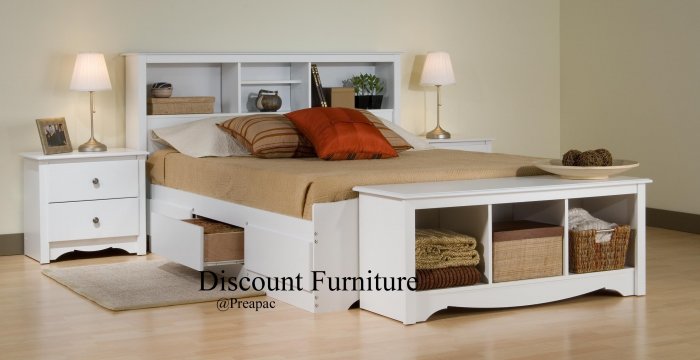 WHITE QUEEN MATES BEDROOM SET- HDBOARD, BED, 2 NIGHTST, BENCH BY PREPAC