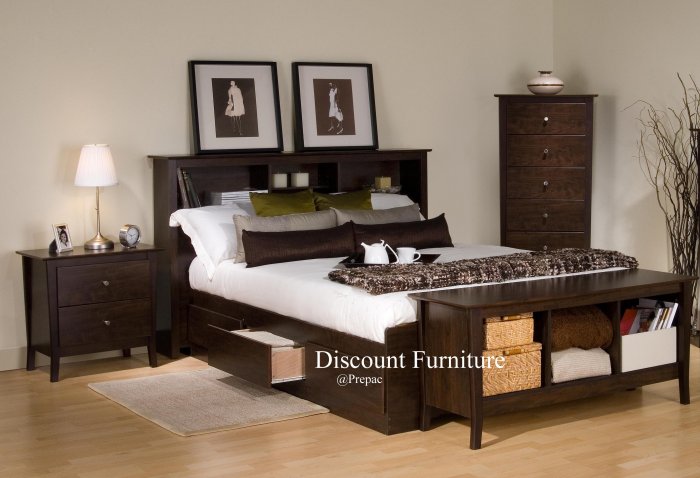 ESPRESSO QUEEN MATES BEDROOM SET- HDBOARD, BED, NIGHTST, BY PREPAC