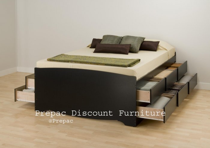 TALL BLACK QUEEN PLATFORM BED W/12 DRAWER STORAGE