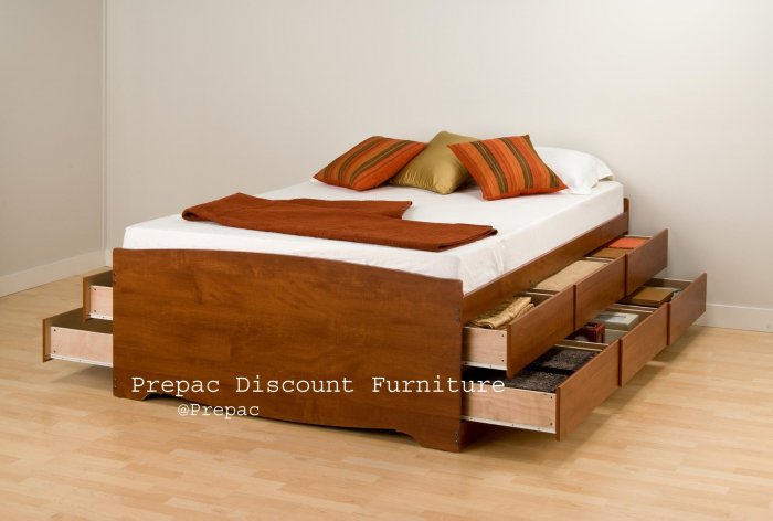 TALL CHERRY QUEEN PLATFORM BED W/12 DRAWER STORAGE