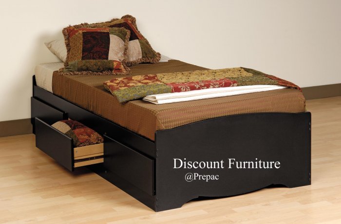 TALL BLACK TWIN PLATFORM BED W/6 DRAWER STORAGE