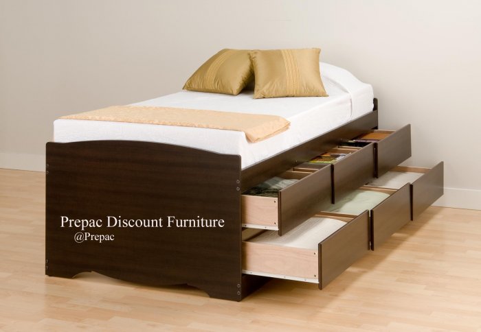 TALL ESPRESSO TWIN PLATFORM BED W/6 DRAWER STORAGE