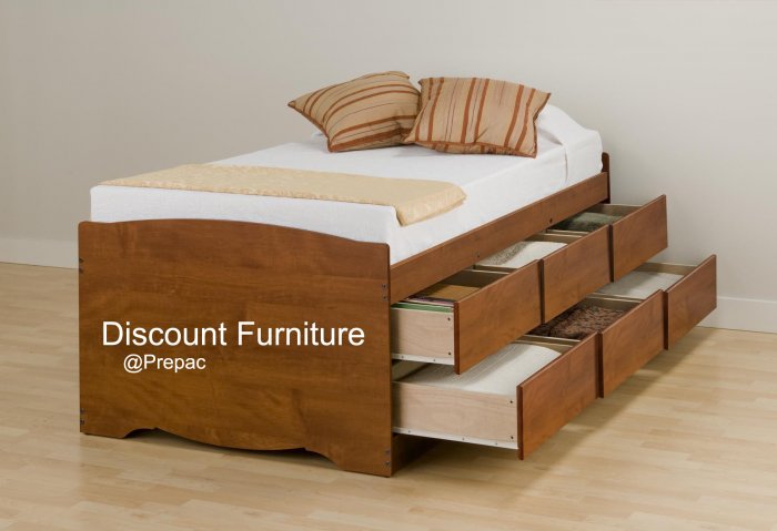 TALL CHERRY TWIN PLATFORM BED W/6 DRAWER STORAGE