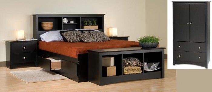 BLACK QUEEN MATES BEDROOM SET- HEADBOARD, BED, ARMOIRE, BENCH