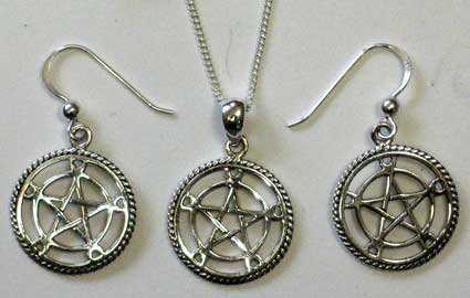 Pentacle With Crescent Moons Necklace & Earrings Set