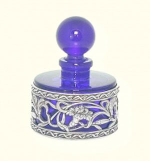Ink well with blue glass and dianthus design