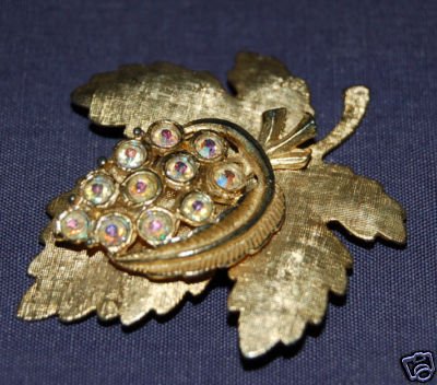 Vintage Rhinestone Aurora Borealis Grape Leaf Pin
