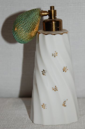 White Porcelain Perfume Bottle / Atomizer w/ Gold Decoration