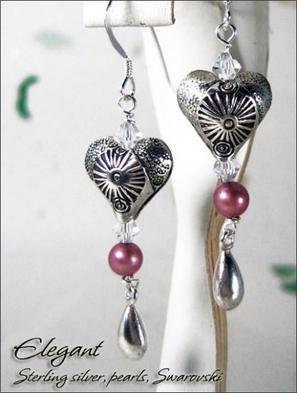 Sterling silver: Elegant Heart pearl dangling earrings