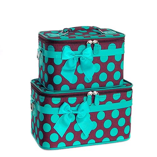 Brown Blue Polka Dot Make-up Train Case Set