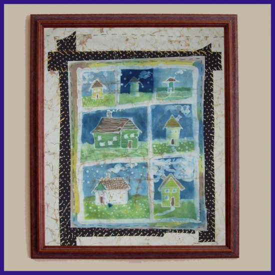 "The Neighborhood" Primitive Folk Art Batik, Original, Framed
