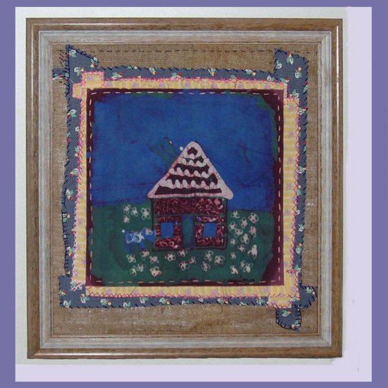 "Small House" Framed Batik Painting, Primitive Folk Art, Quilt Block Style
