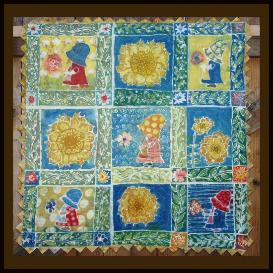 "Sue Cracks Up" Original Batik Art Quilt, Sunflowers, Sunbonnet Sue