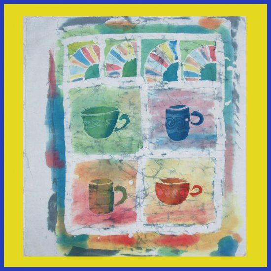 "Cups and Fans" Original Batik painting of Coffee or Tea Cups