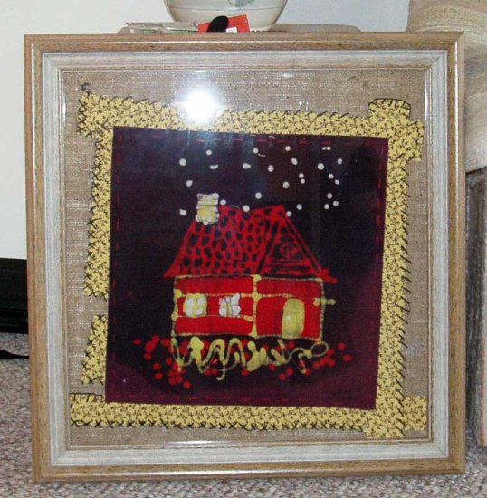 "Waiting Up" Original Framed Batik Painting of a Quilt BlLock Style House