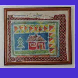 "Dogteeth House" Original Framed Batik Painting of a Quilt Block Style House
