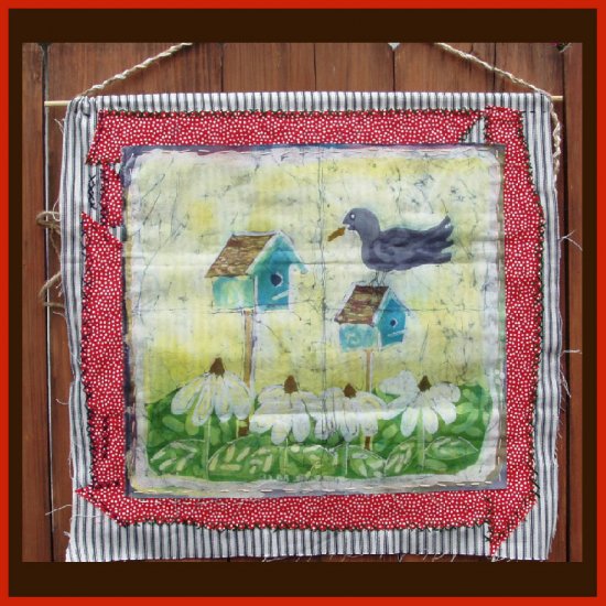 "The Landlord" Original Batik Painting with Hand Sewn Matt, Primitive Bird and Brid House