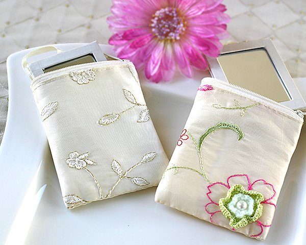 Padded Silk Travel Mirror in Matching Embroidered Silk Pouch (Set of 4)
