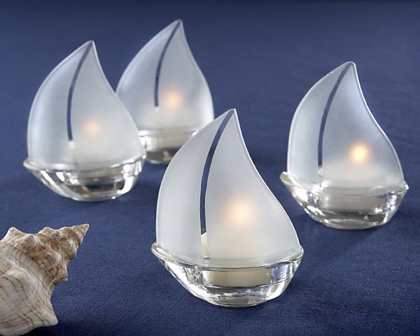 "Set Sail" Frosted Glass Sailboat Tealight Holders, Set of 4