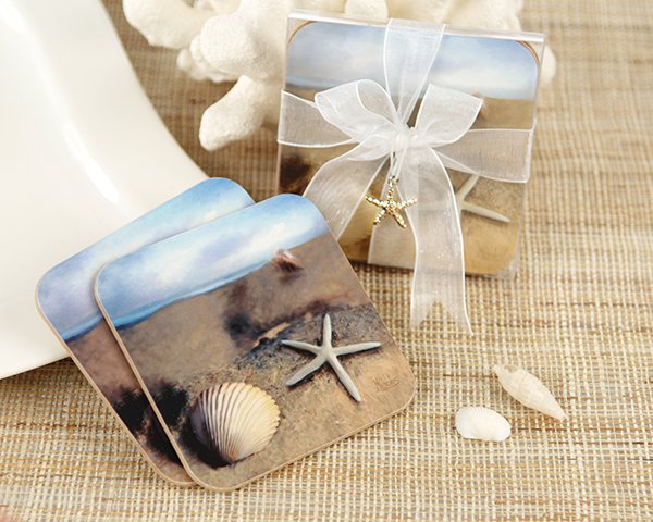 'Seaside' Original Art Coaster Set with Silver Starfish Charm