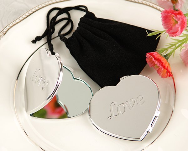 LOVE Heart Compact Mirror in Black Velvet Pouch