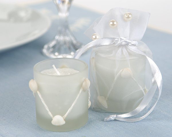 Coastal Elegance Frosted Glass Votive with Pearl Accented Organza Bag