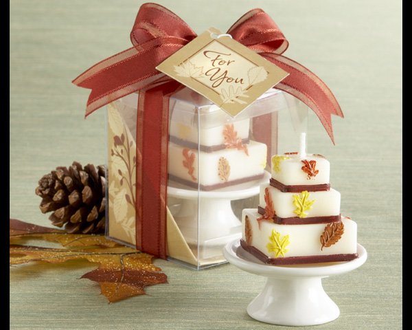 "Autumn Elegance" Wedding Cake Candle with Handpainted Leaves on Porcelain Pedestal Cake Plate