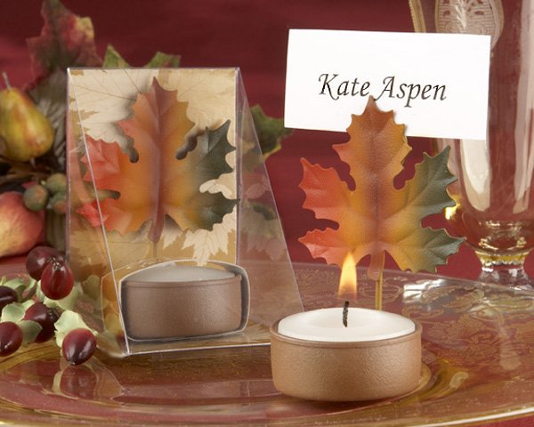 Fall Leaf TeaLight and Place Card Holder with Autumn-themed Gift Box (Set of 4)