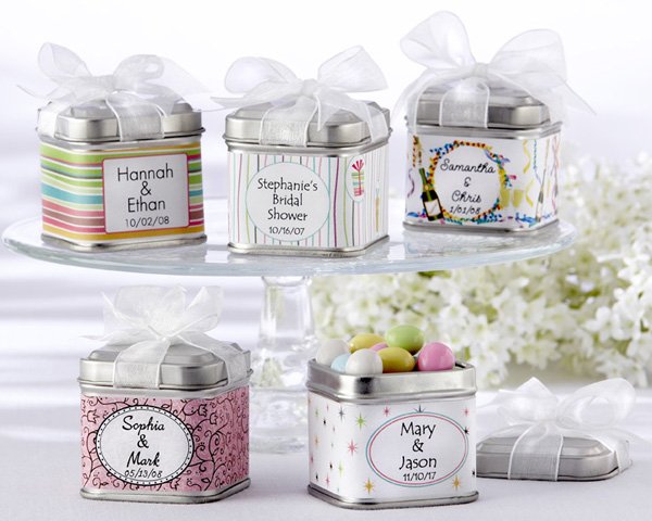 "Unexpected Treasures!" Favor Tin with Pre-Tied Organza Bow & 40 Custom Designer Labels (Set of 12)
