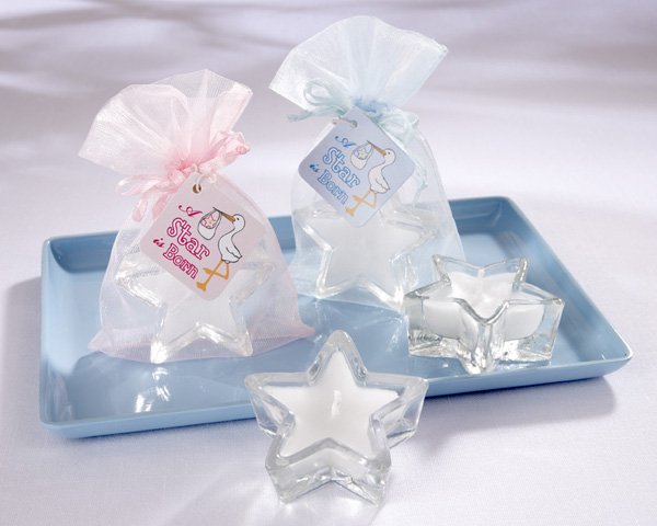 "A Star is Born" Star-Shaped-Glass Votives in Pink or Blue Sheer Organza Pouch with Satin Drawstring
