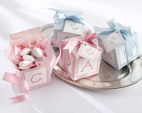 Classic Baby Blocks Favor Boxes with Imprinted Ribbon (Pink or Blue/Set of 24)