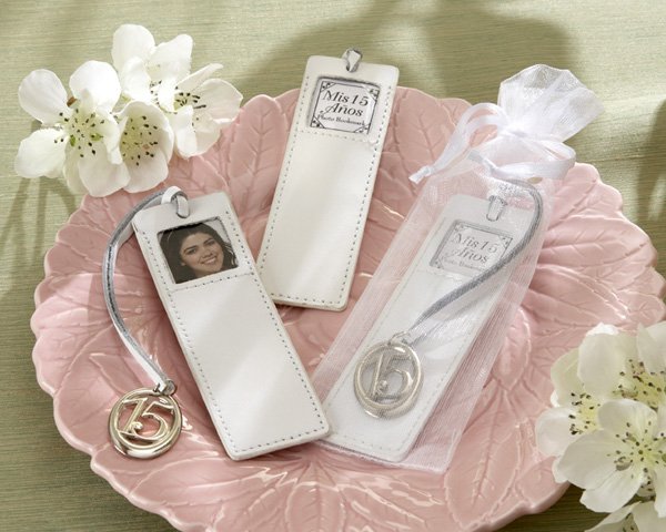 "Mis 15 Anos" Leather Photo Bookmark in Sheer Organza Pouch