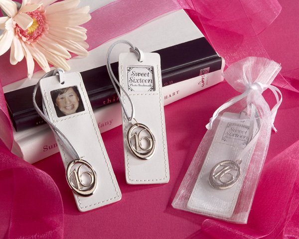 "Sweet Sixteen" Leather Photo Bookmark in Sheer Organza Pouch