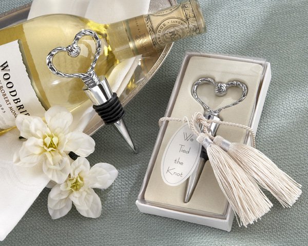 "We Tied the Knot" Elegant Chrome Braided-Heart Bottle Stopper with Tassels and Pearlized Tag