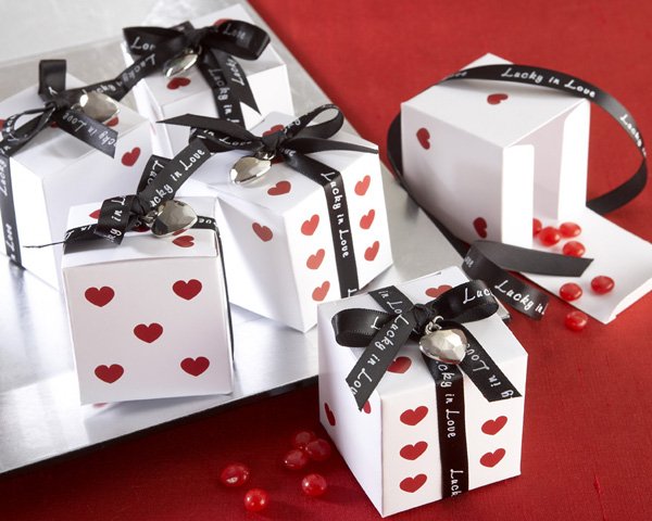 "Lucky in Love" Dice Favor Boxes with Imprinted Ribbon and Heart Charm (Set of 24)