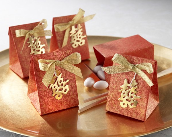 "Double Happiness" Asian-Themed Favor Box with Metallic-Gold Symbol and Bow (Set of 24)