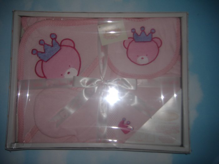 Bon BeBe Pink Princess Teddy Bear Baby Bathtime 4-piece Gift Set