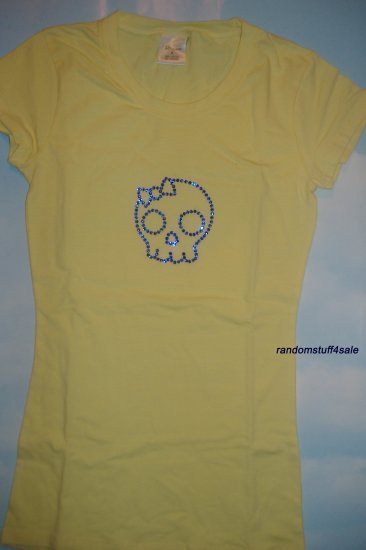 Skull w/ Bow Yellow T-shirt with Sapphire Blue Swarovski Crystal
