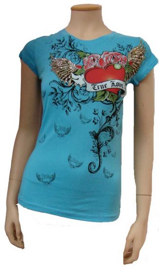 Blue True Love Heart Tattoo Design Tee Size Medium