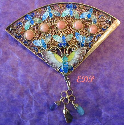 Chinese Enamel FAN Pin Filigree Coral Butterfly Gems