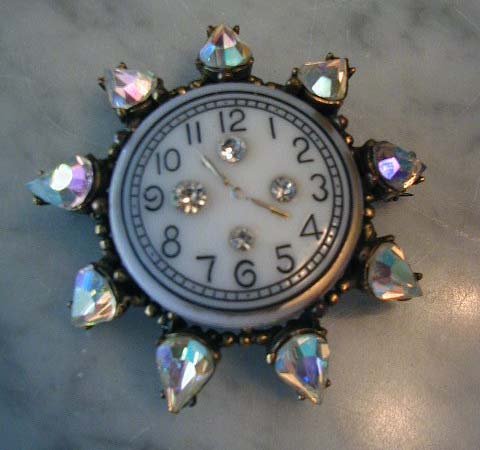 1940's Watch Face Brooch Pin Pendant w AB Rhinestones