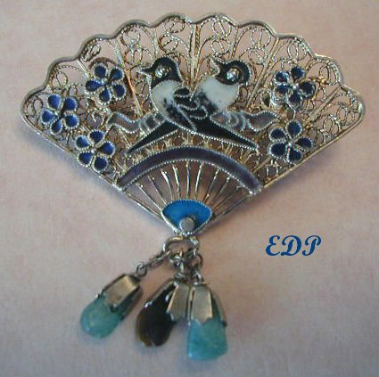 Chinese Enamel FAN Pin Filigree Sterling BIRDS Gems Dangles