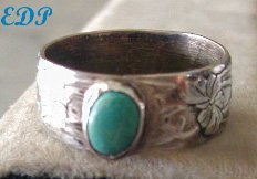 Art Nouveau Deco Sterling and Turquoise Band Ring Etched