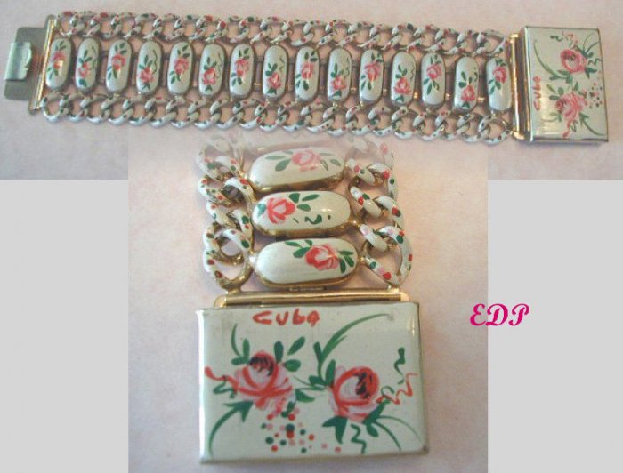 Hand Painted Enamel Roses Link Bracelet Signed WIDE