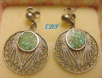 Italian Sterling Turquoise Mosaic Filigree Earrings