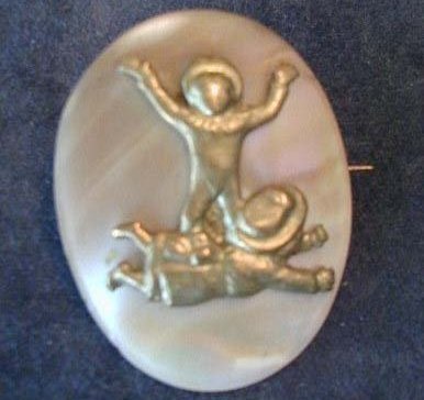19c Mother of Pearl and Brass Pin Brooch w Children