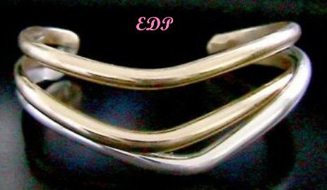 Sterling and Gold Modernist Triple Cuff Bracelet Signed